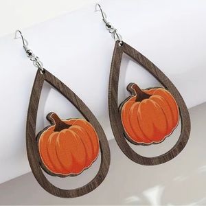 Wooden Orange Pumpkin Tear Drop Earrings Halloween Fall Autumn